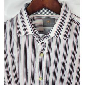 Thomas Dean Shirt Mens XL Striped Button Up Dress Shirt Checkered Trim